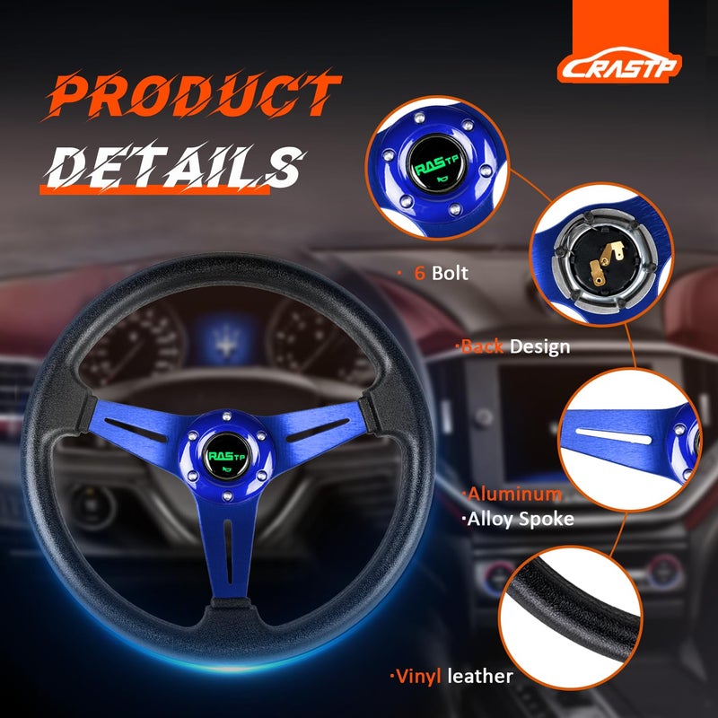 RASTP Universal Racing Steering Wheel 13.8â€/350mm 6 Bolts Grip Vinyl Leather & Aluminum with Horn Button for Car - Blue - Image 2